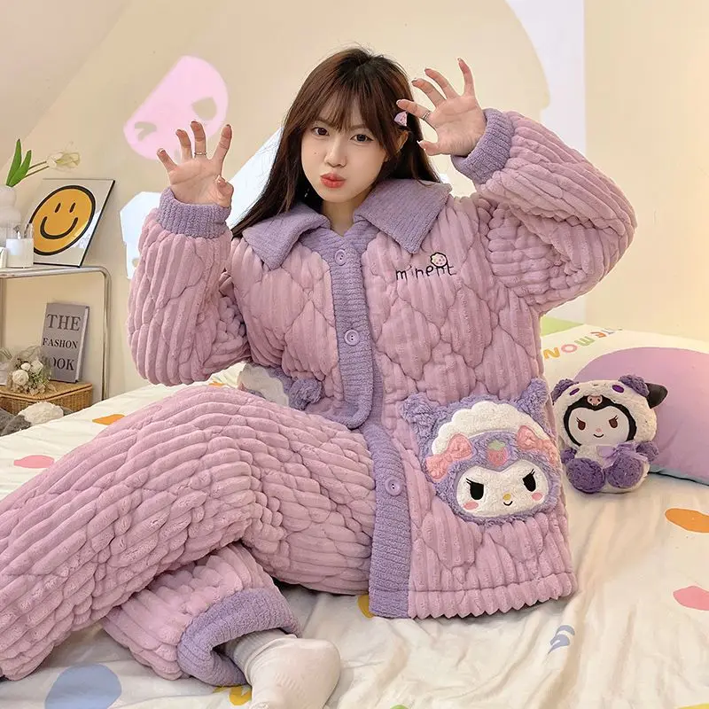 

Sanrio cartoon three-layer quilted Kuromi cardigan home wear winter warm button lapel can be worn outside pajamas two-piece set