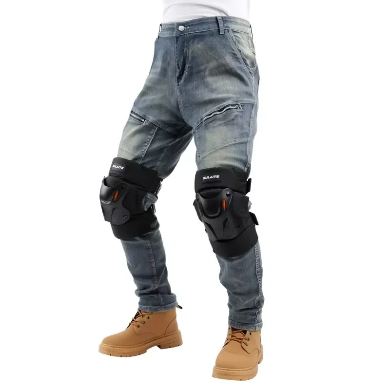 조절 가능한 무릎 패드가 있는 오토바이 라이딩 팬츠, 투어링 모토크로스용 내마모성 청바지 보호 장비