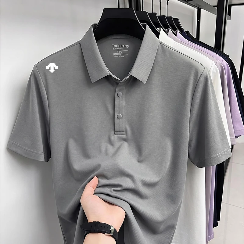 Herren Eisseide Schnelltrocknende Poloshirts, Sommer Leichte Atmungsaktive Nahtlose Umlegekragen Kurzarm T-Shirts für Männer