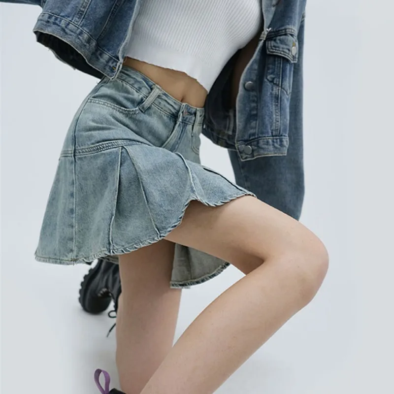 

GUUZYUVIZ High Waist Vintage Ruffles A-line Denim Short Skirt For Women Summer Y2k Streetwear Mini Pleated Skirts