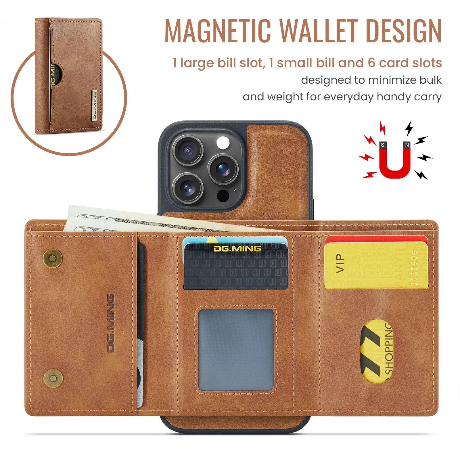 Magnetic Leather Detachable Wallet Phone Case with Wireless Charging and Card Slots