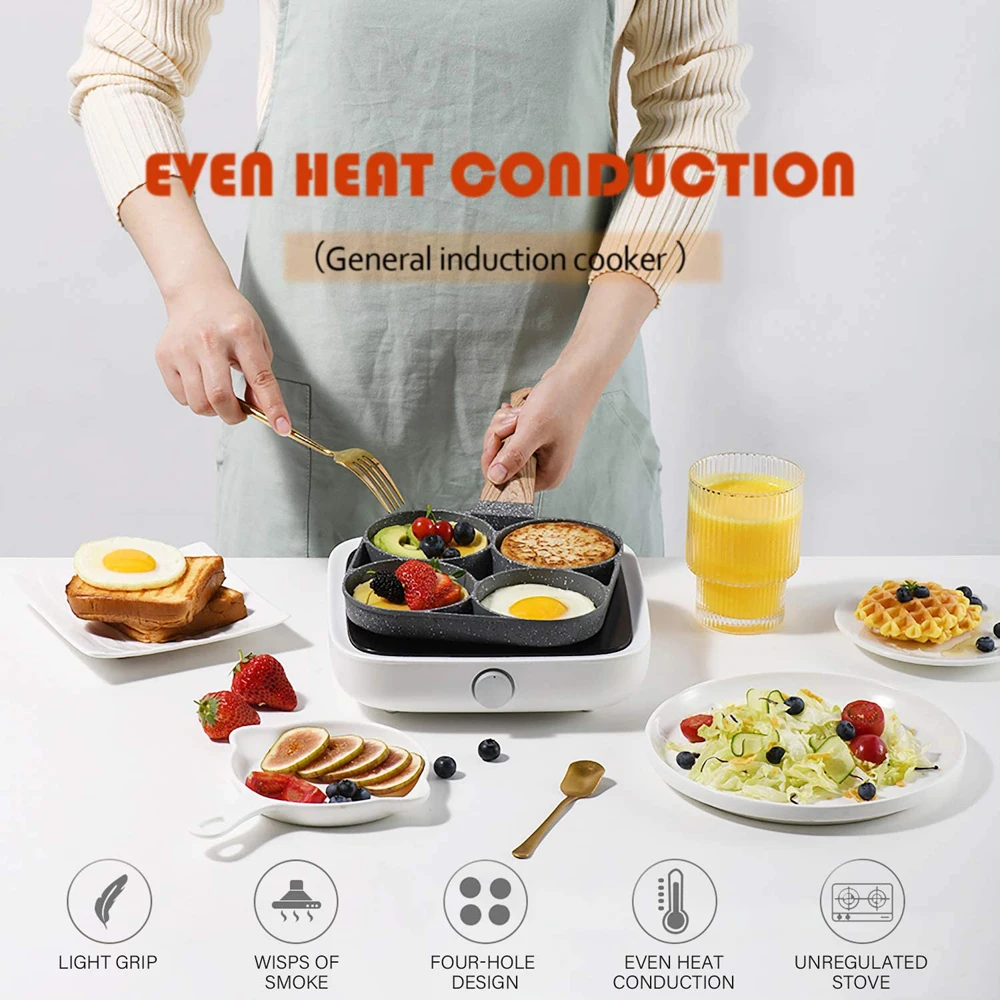 1pc Fry Pan For Egg, Non Stick Ham Pancake Maker, Egg Burger Pan With  Wooden Handle, 4 Holes, For Induction Cooker Gas Stove