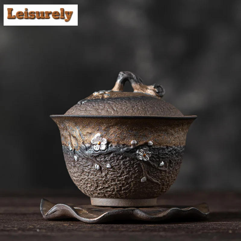 200ml Japanese Gilded Iron Glazed Gaiwan Handamde Plum Blossom Pottery Tea Tureen Tea Maker Cover Bowl Chinese Tea Set Craft
