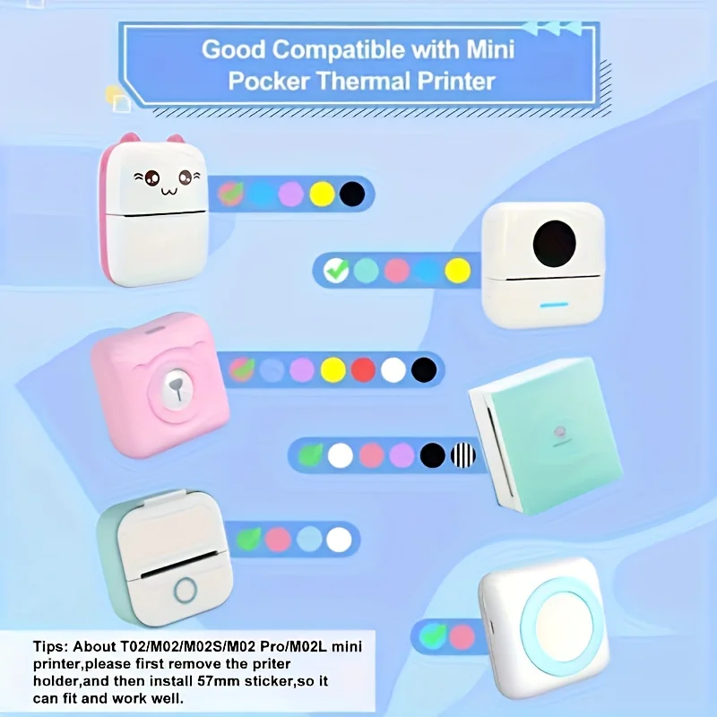 멀티 컬러 & 투명 인쇄 용지 투명 자가 접착 스티커 57mm 무선 미니 감열 프린터와 호환 가능, 스크랩북용