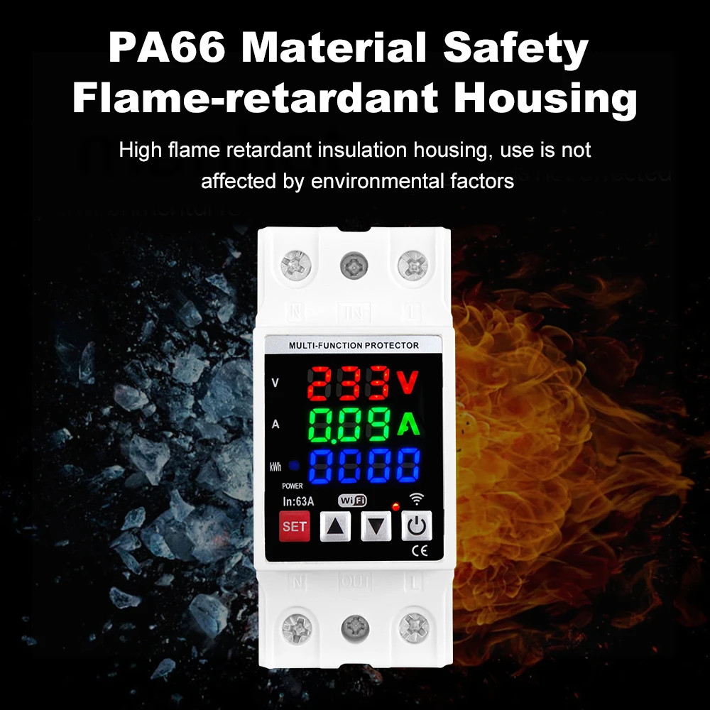 Tuya WiFi 63A Circuit Breaker Din Rail 3in1 Display Over Voltage Current and Under Voltage Protect Relay For Alexa Google Home