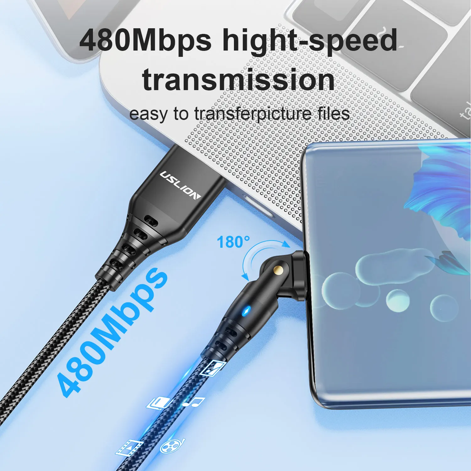 USLION LED 3A Micro USB Cable For Samsung Xiaomi Andriod Mobile Phone Fast Charging Wire 180 Rotate Micro USB Charge Data Cable