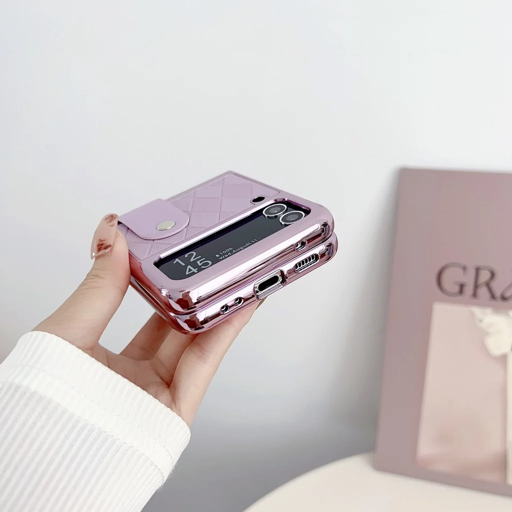 Leather Case for Samsung Galaxy Z Flip 3 4 5G Holder Shockproof Protective Cover with Camera Lens Protection Plating Frame
