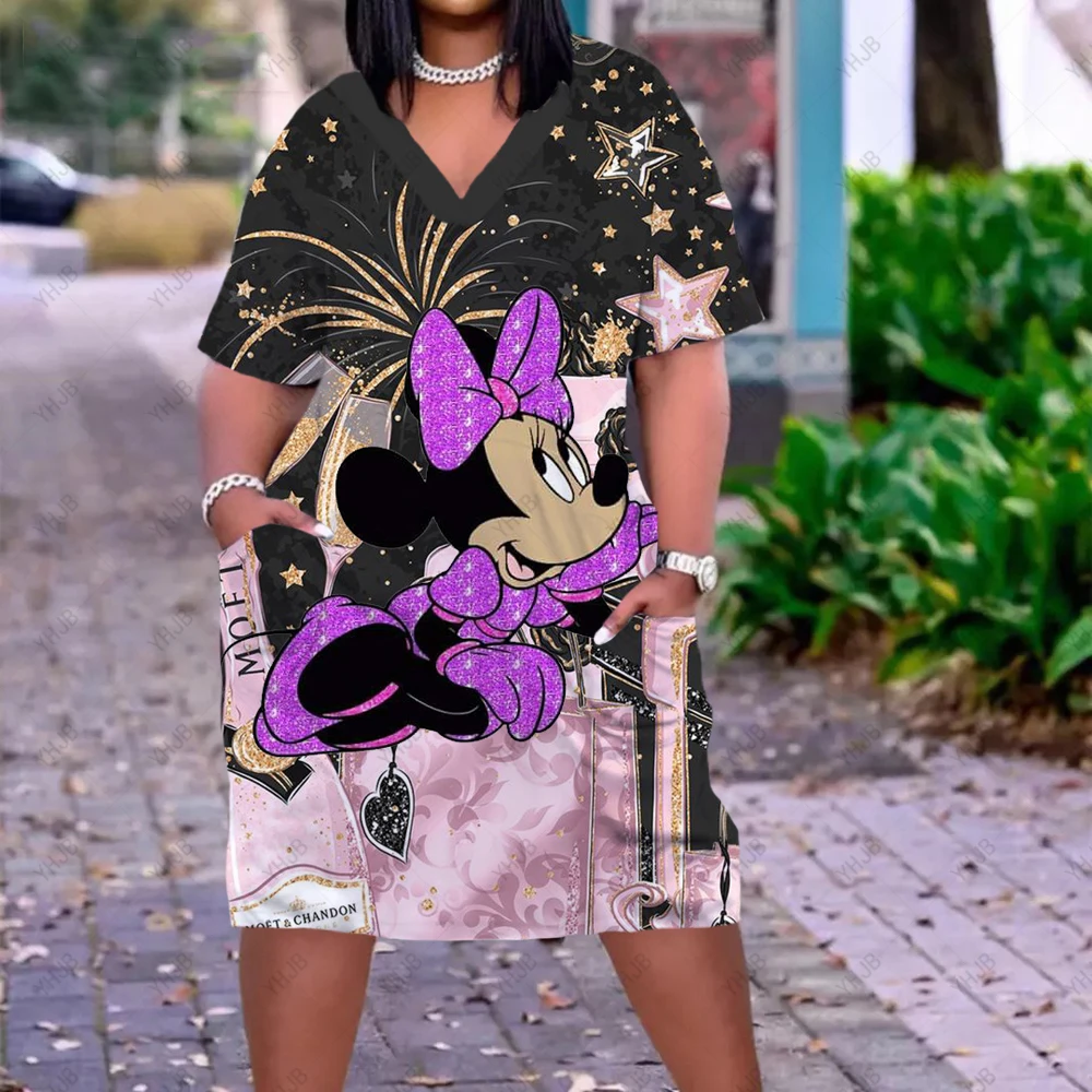 

Disney Minnie New Summer Women Vintage 3D Print Dress Fashion Short Sleeve Ladies Dress Casual V-Neck Loose Sundress Vestidos