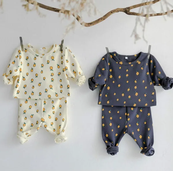 

0-3Years Baby 2 Pieces Suit Home Wear Lemon Print Bottoming Shirt + High Waist Pant Cotton Newborn Girl Boy Clothing Set