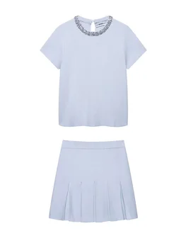 SIYANG Women Fashion 2 Piece Sets With Pearls Blue Sweater & Vintage Elastic Waist Mini Skirt Female Chic Lady Skirts Set 1