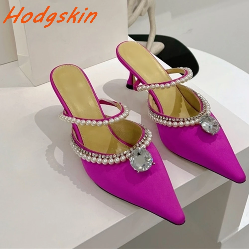 Pearl Straight Strap Outside Slippers Slingback Pointed Toe Slip On Sexy Thin Heels Bling Crystal Shallow Fashion Women's Shoes