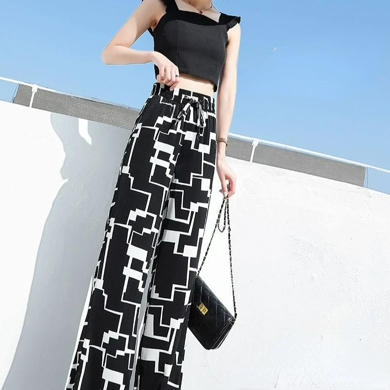 여성용 얇은 봄 느슨한 허리 드로우 스트링 인쇄 캐주얼 바지, 하이 웨이스트 스트리트웨어, 와이드 레그 스트레이트 바지 2023