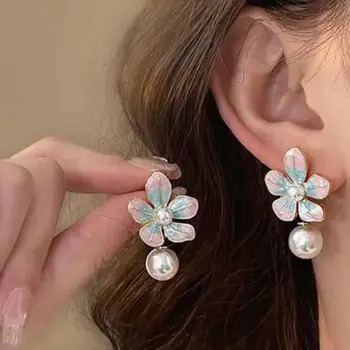 925 Silver Needle Korean Drip Oil Flower Pearl Drop Earrings For Women Jewelry 2025 Trending New Sweet Pink Blue Flower Earrings