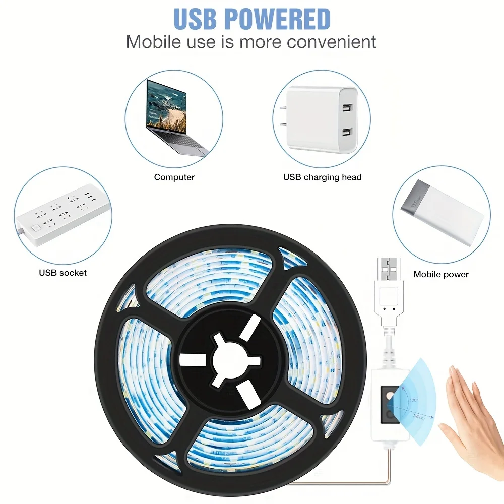 2835 USB LED 조명 스트립, 핸드 스캔 백라이트, TV 모션 센서, 유연한 다이오드 조명, 컴퓨터 실내 침실용, 1M, 2M, 3M, 5M, 5V