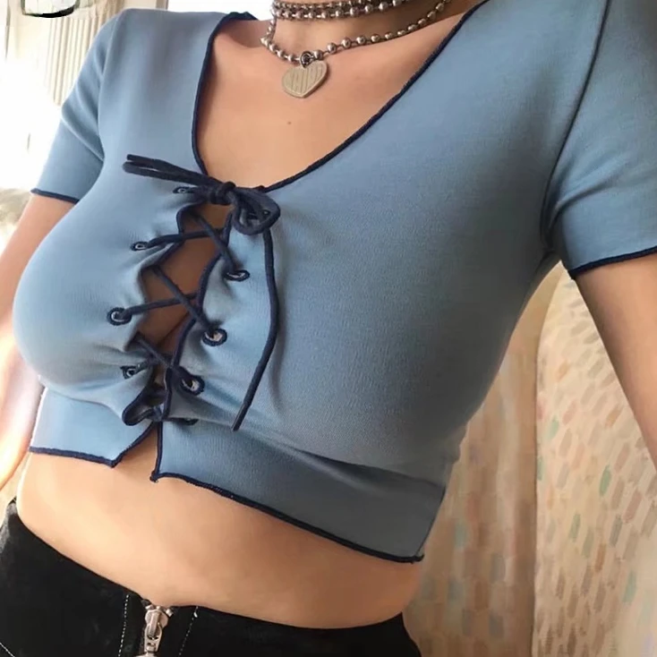 

Women Summer Sexy Short Sleeve Crop Top Tshirts Skinny Tops Tees Harajuku Gothic Punk Girls Chic Lace Up Bandage Tee Shirt Femme