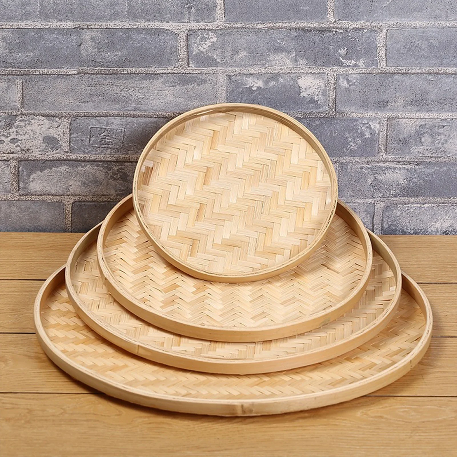 

Natural Handmade Woven Bamboo Basket Serving Tray Round Holder Bulk Food Flat Shallow Basket for Home Kitchen Farmhouse Bakery