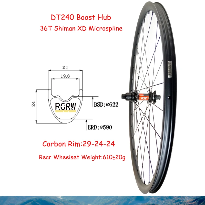 29Er Mtb Xc 24X24Mm Wheelset Super Light Posteriore Cerchio In Carbonio 28 Fori 24 Wide 24 Deep Dt240 Boost 6 Bolt 36T Hub Shima Xd Microspline