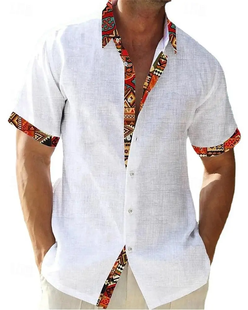 Men's Shirt Button Up Vintage Shirt Summer Hawaiian Shirt Short Sleeve Color Block Tribal Lapel Men's Clothing Breathable