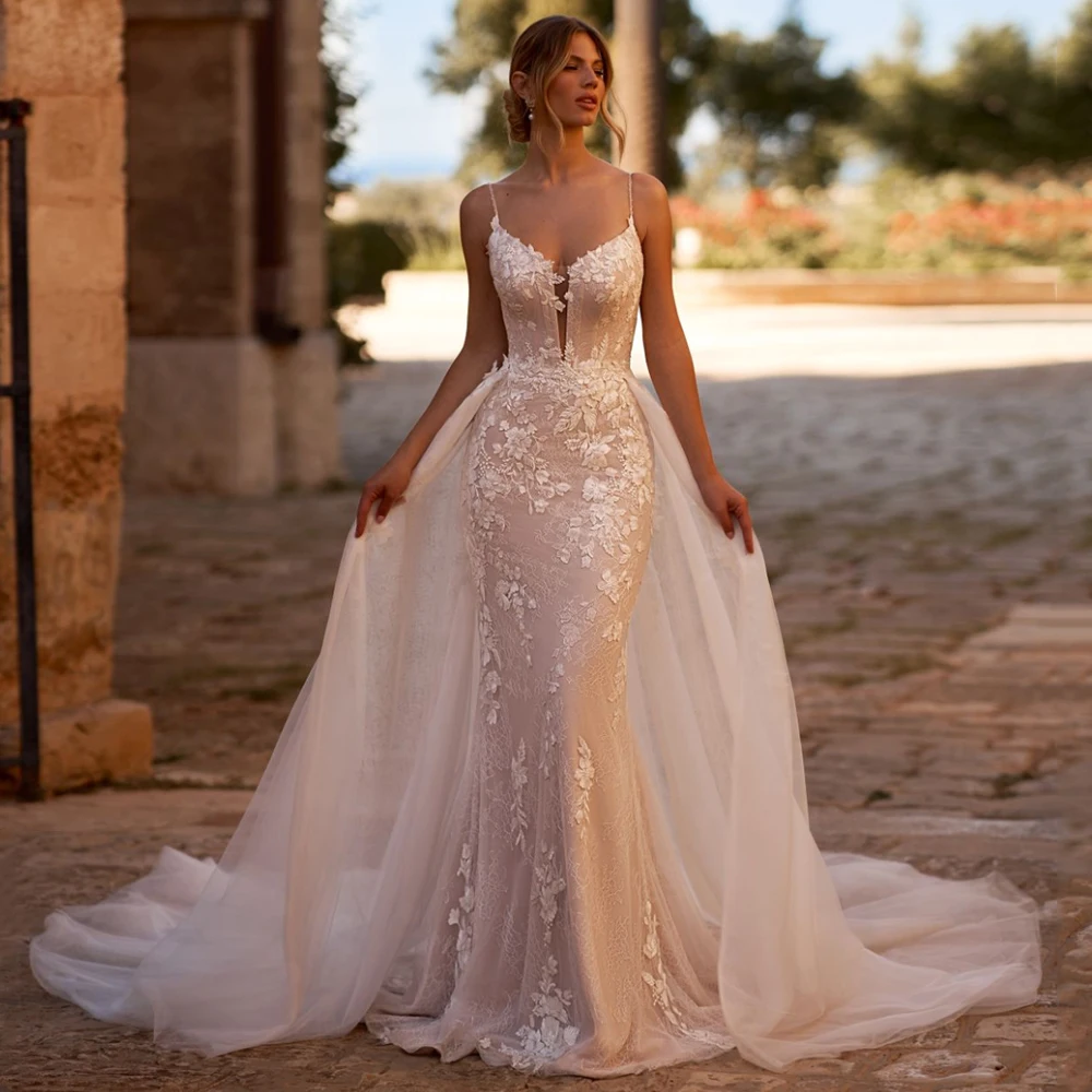 ebay mermaid dresses Lace Mermaid Wedding Dress Detachable Skirt Applique Sweep Train Bridal  Gowns