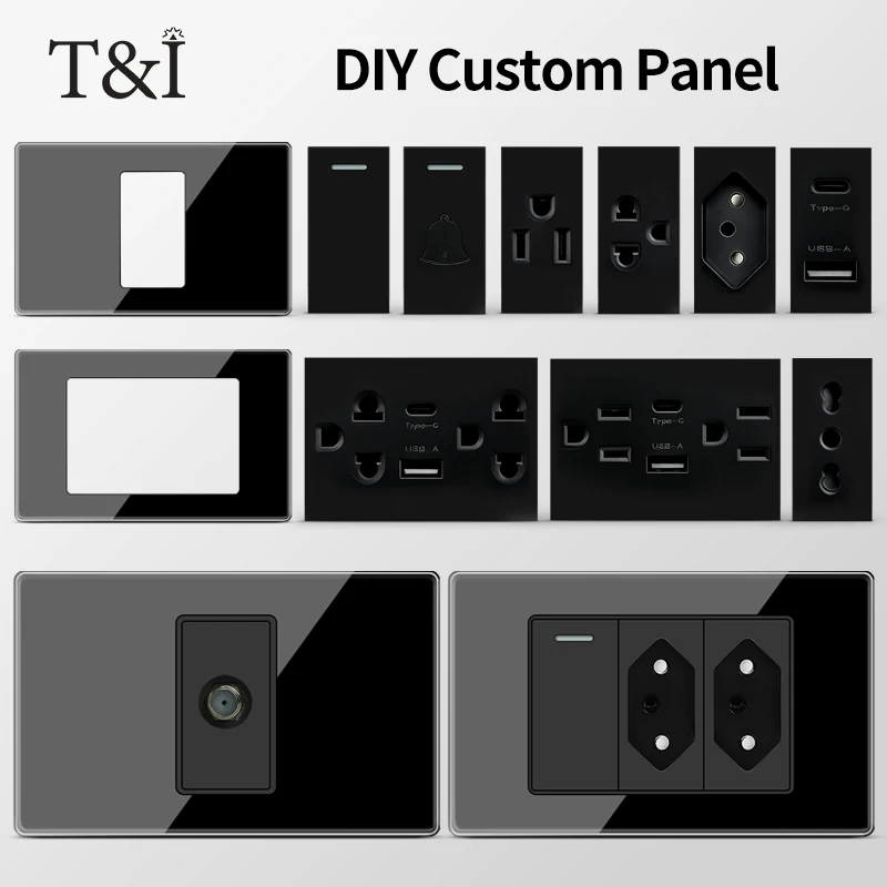 T&I 2x4 inch Tempered Glass Wall Plate – DIY Modular Design with NEMA 5-15R Duplex Outlet and US/EU/Italy/Chile Socket Modules 1