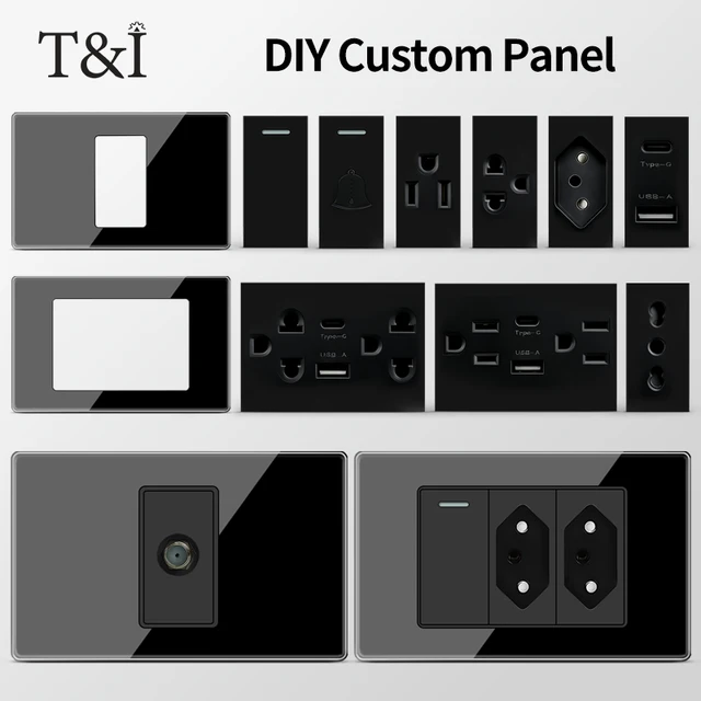 T&I 2x4 inch Tempered Glass Wall Plate – DIY Modular Design with NEMA 5-15R Duplex Outlet and US/EU/Italy/Chile Socket Modules 1