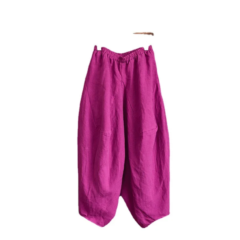 

Linen Carrot Pants Women Autumn Casual Loose Solid Color Oversized Elastic Waist Pockets Original Wide Leg Travel Trousers