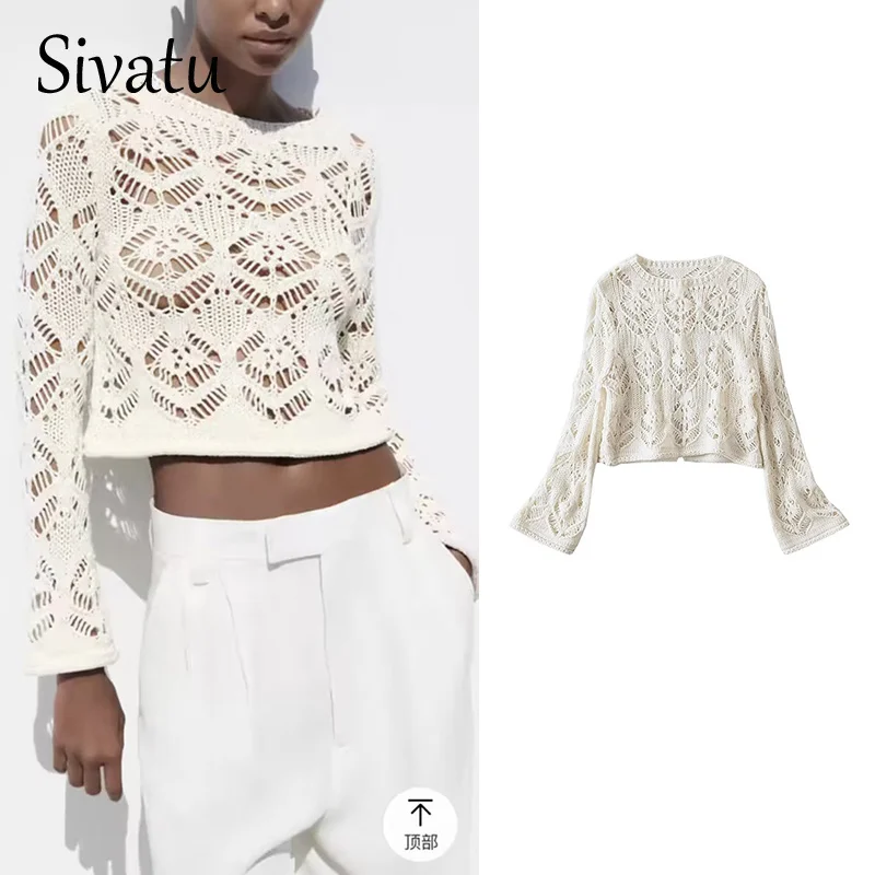 

O-neck Pullovers Women Spring and Summer 2023 Long Sleeve Hollow Out Short Fashion Sweaters Tricot Knitted Jumpers