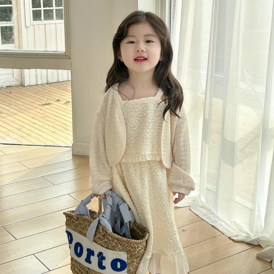 

Korean Children's Clothing 2024 Spring Little Girl Hollowed Out Knitted Camisole Shirt Half Skirt Two-Piece Set