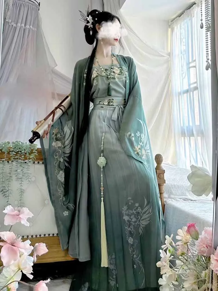 Traditional Chinese Women's Vintage Hanfu Dress Halloween Role Playing Costume Printed Hanfu Green 3 Piece Set Plus Size XL