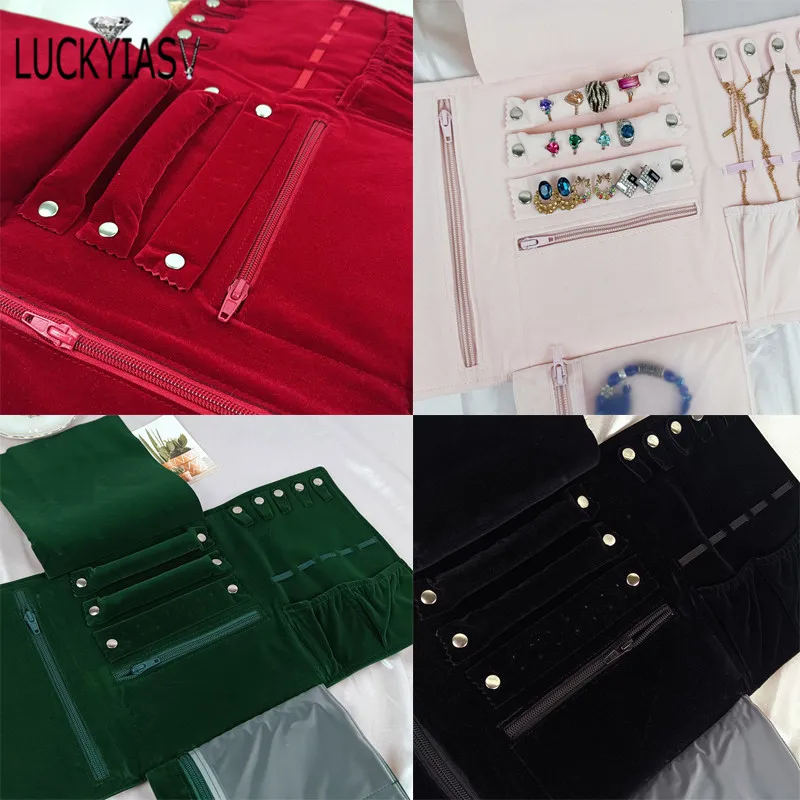 Burgundy Portable Travel Jewelry Organizer Roll Foldable Jewelry Case for Journey-Rings Necklaces Jewerly Storage Velvet Bag