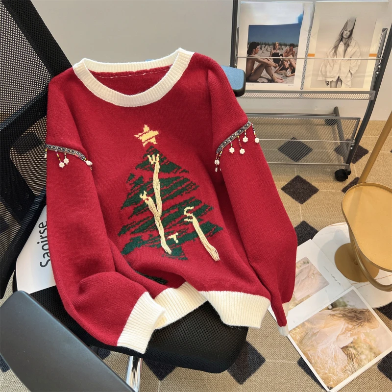 

DAYIFUN-Women's Christmas Sweater Round Neck Tassel Contrast Color Design Knitted Pullovers Loose Top Jumpers Lady Autumn Winter