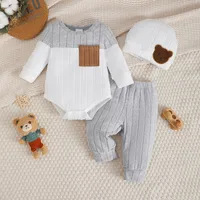 Ensemble de vêtements pour nouveau-né garçon, 3 pièces, body à manches longues, couleur bloquée, pantalon gris, chapeau, vêtements d'automne pour tout-petits de 1 à 18 mois 1