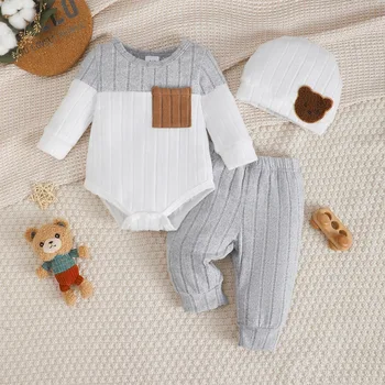 3PCS Newborn Baby Boy Clothes Set Long Sleeved Color Blocked Bodysuit+Gray Pants+Hat Autumn Clothing for Toddlers 1-18 Months 1