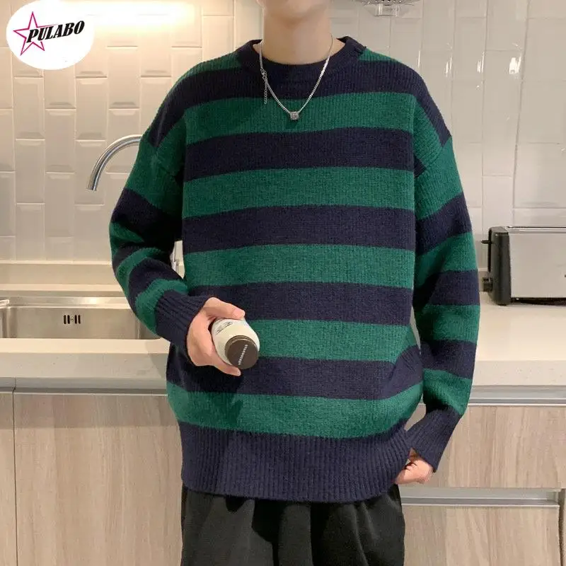 

Vintage Knitted Sweater Men Women Harajuku Casual Cotton Pullover Tate Langdon Sweater Same Style Green Striped Tops Autumn