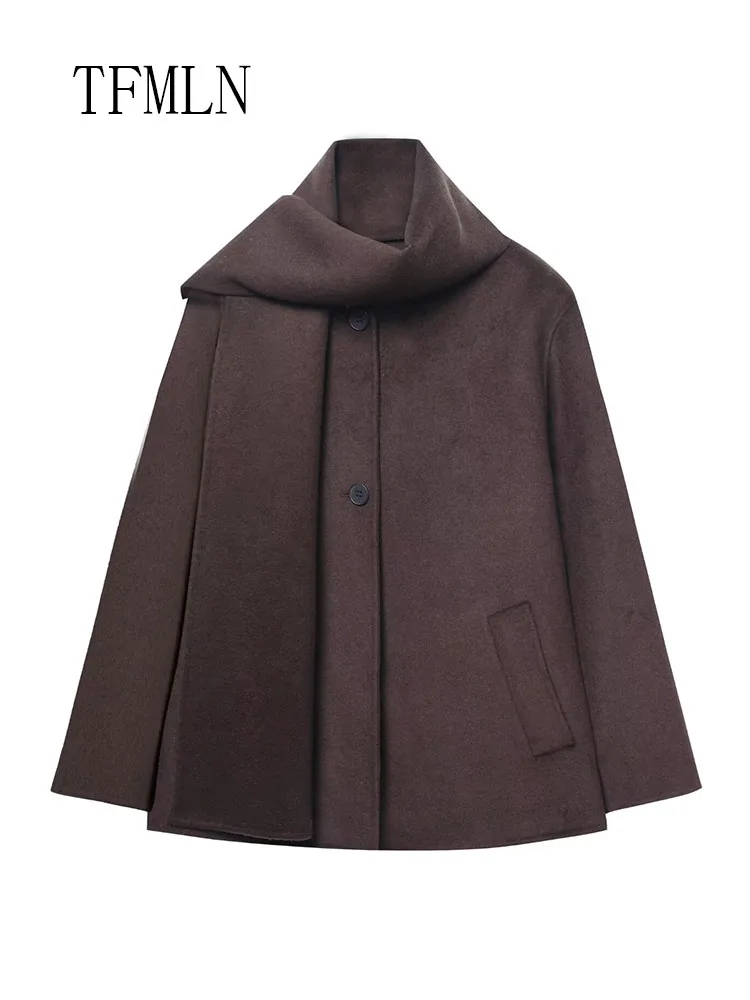 Retro Women Casual Scarf Collar Coat Fashion Single Breasted Pockets Loose Outerwear Commuting Street Jacket 2025 Autumn Winter