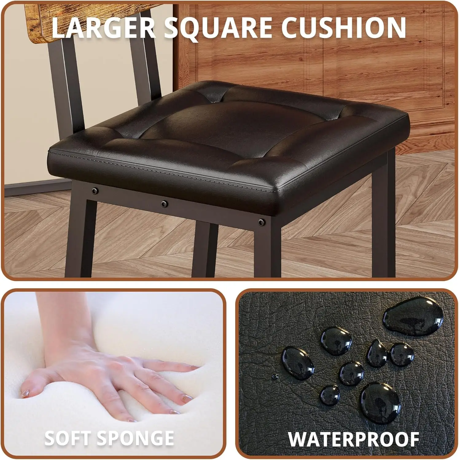 Bar Stools Set of 2, 16.5in Square PU Upholstered Barstools with Back and Footrest, Thick Cushion Stools