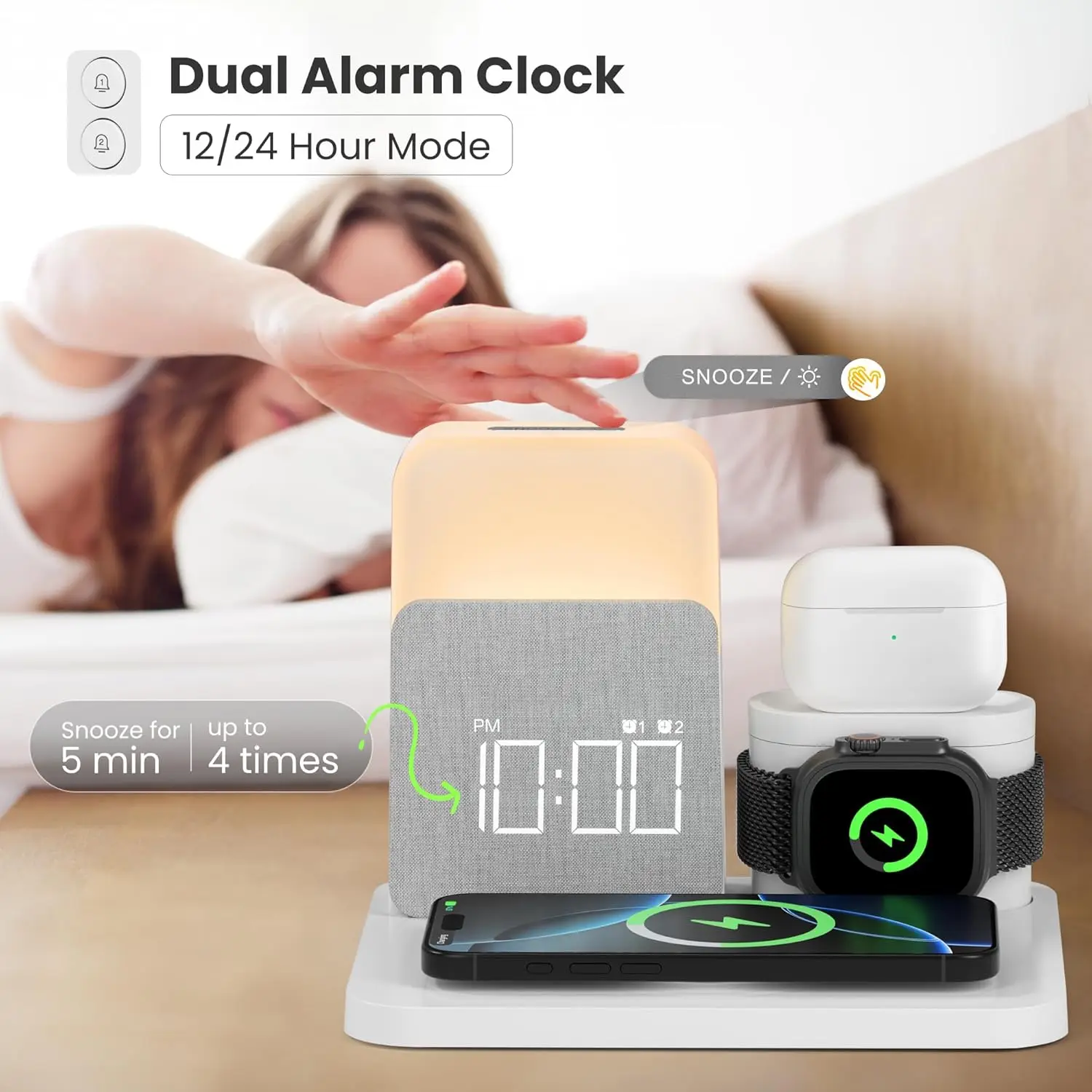 7-in-1 MagSafe Alarm Clock Charger-Wireless Station for iPhone 12-16/Samsung/Xiaomi/Huawei/Apple Watch/AirPods with Night Light thumbnail 2