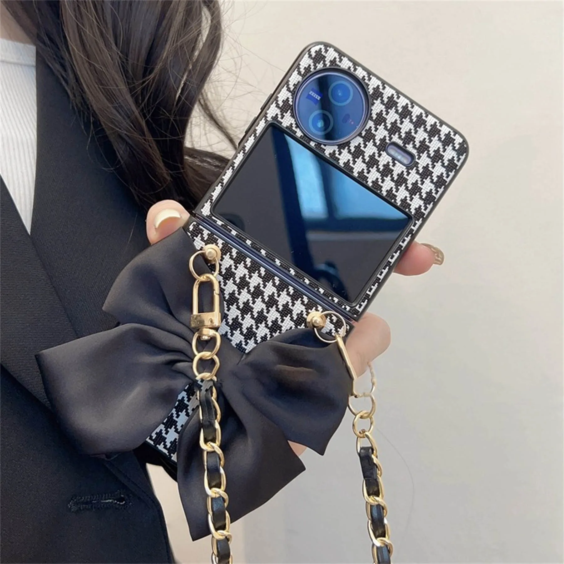 Custodia Per Telefono Portatile In Pelle Pied De Poule Con Fiocco 3D Slik Di Lusso Per Vivo X Flip Xflip Xflip Cover Antiurto Funda