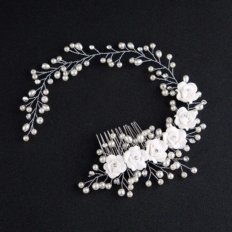 White Flower Wedding Headbands Bridal Hair Jewelry Accessories Hair Comb Clips for Women Girls Pearl Rhinestone Hairbands