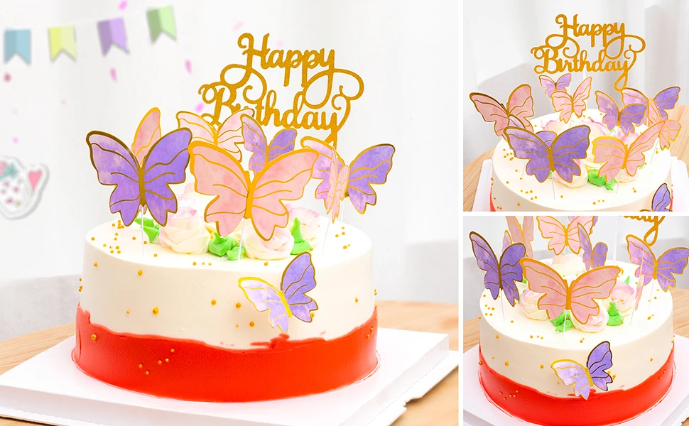 10 Pcs/set Purple Pink Acrylic Butterfly Cake Decoration Happy Birthday Cake Topper Handmade Painted for Wedding Birthday Party
