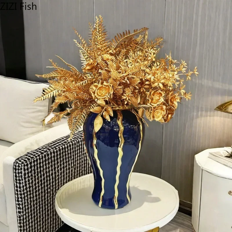 Gold-plated Stripes General Tank Porcelain Ginger Jar Creative Vase Flowers Arrangement Dresser Table Jewelry Cosmetic Container 3