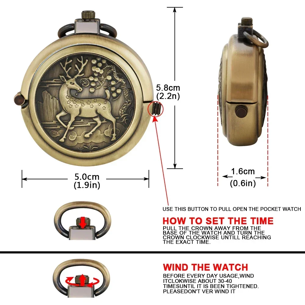 Bronze Elk Mechanical Pocket Watch Roman Numerals Skeleton Dial Pendant Clock  Casual Fashion Gifts for Women Men