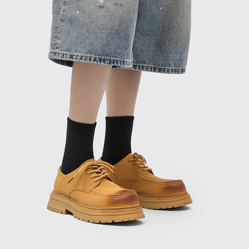 Men's Thick Soled Lace Up Leather Minimalist Designer Style Work And Party Outdoor Trendy Streets Young People's Shoes_voghion.com