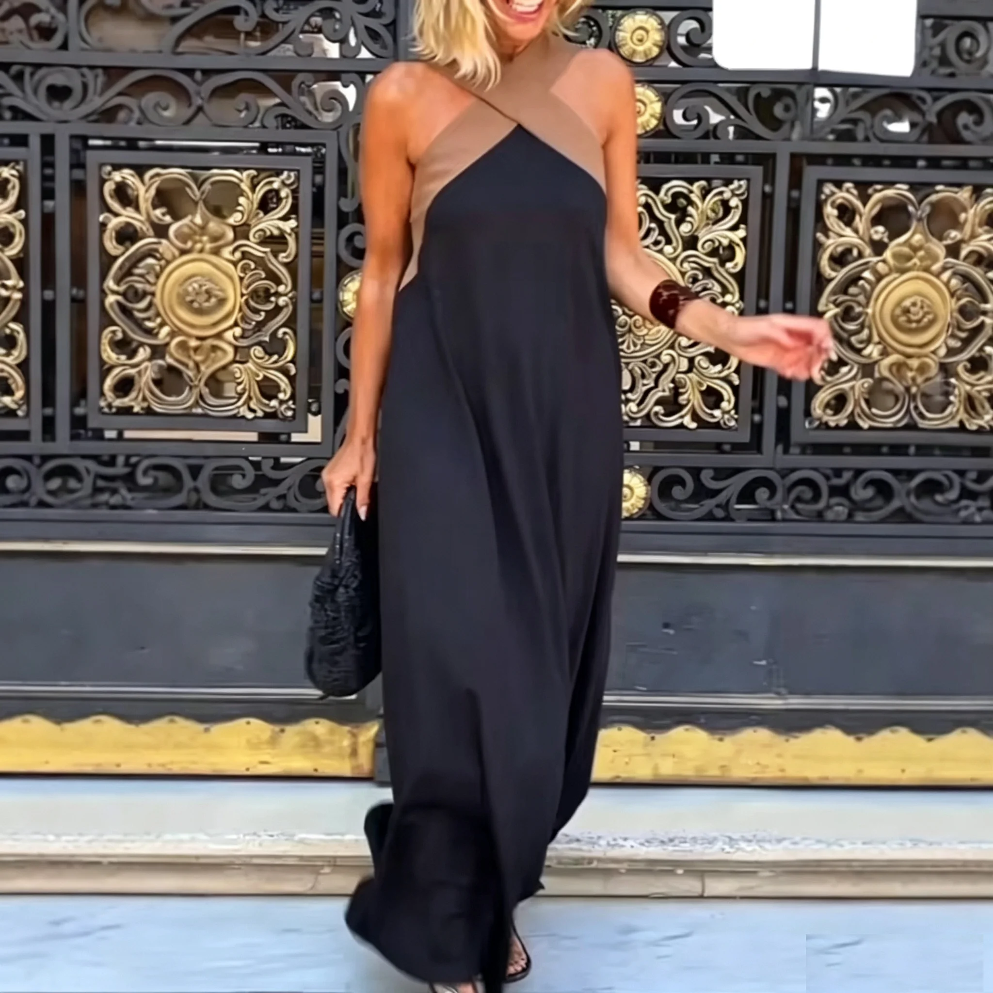 2026 Summer New Women's Dress Cross Halter Neck Style Fashion Color Block Sexy Backless Elegant Party Vacation Beach Skirt