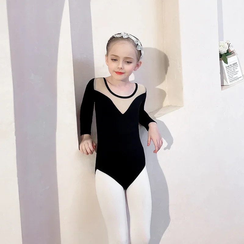 Black Dots Girls Training Skirt Children's Dance Clothes Grading Split Ballet Dress Kids Leotard For Gymnastics Long Sleeve Soft