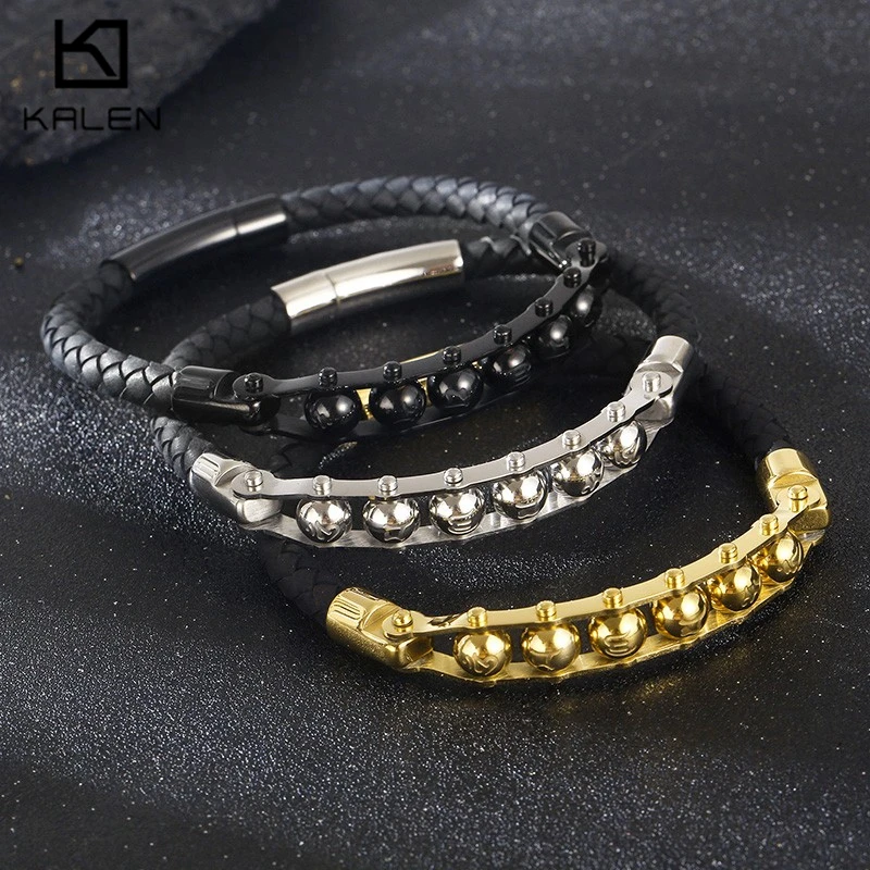 

KALEN Stainless Steel Leather Bracelet For Men Classics Gold Color Beads Chain Jewelry Male Gift