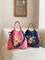 New Women's Tote Bag, Japanese-Style Embroidered Rocket Clown, Large Capacity Shoulder Bag, Casual Handbag, Lightweight and Foldable, Suitable for Shopping, Travel, Sports, Commuting, Festivals, Parties, Surprise Gifts