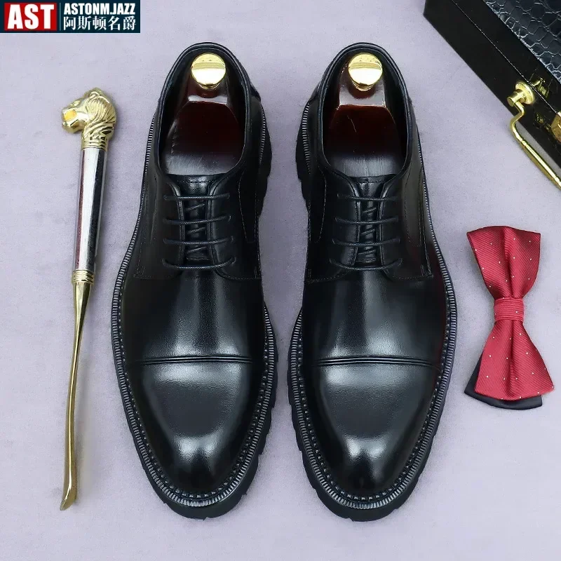 Retro Mens Dress Shoes Luxury Genuine Leather Platform British Trend Handmade Quality Comfortable Wedding Social Shoes Man