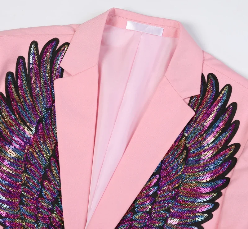 

Mens Pink Wing Sequin Tuxedo Blazer Jacket One Button Shawl Collar Slim Fit Suit Blazer Men Wedding Party Prom Singer Costumes