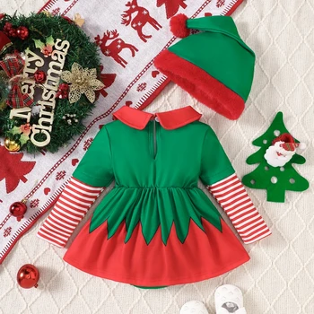 Toddler Girls Santa Claus Costume Set Infant Long Sleeve Velvet Romper Dress with Hat 2 Pcs Christmas Outfit for Baby 1